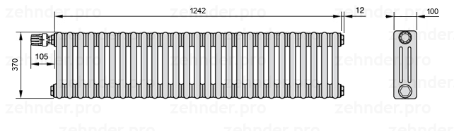 Схема (чертеж) Радиатор Zehnder Charleston 3037/27 №V011 Белый глянцевый RAL 9016